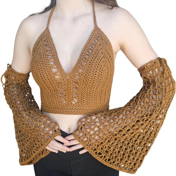 🧶 Handmade Crochet Halter Top + Mesh Sleeves Set 🧶 - Picture 3 of 5